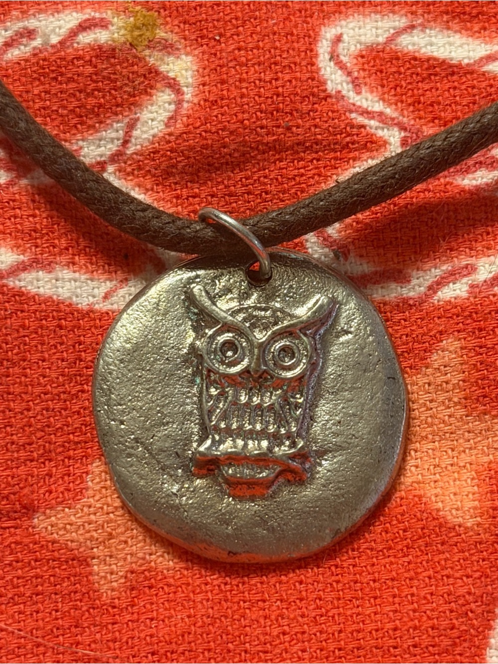 Silver Owl Wisdom Pendant on Brown Cord Necklace